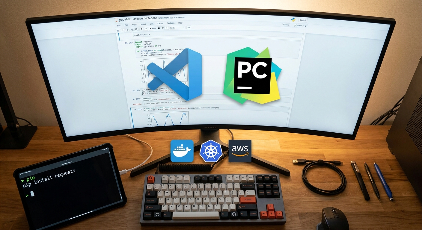 VS Code, PyCharm, Jupyter Notebook 인터페이스가 중앙에 배치되고, GitHub, Git, pip과 같은 필수 개발 도구 아이콘이 주변에 정돈된 모습으로 보입니다.