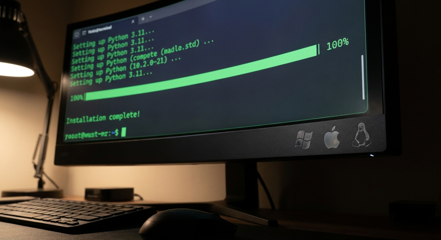 컴퓨터 화면에 파이썬 설치 마법사 또는 터미널 명령어가 보이며, Windows, macOS, Linux 아이콘이 통합되어 운영체제별 설치 과정을 나타냅니다.